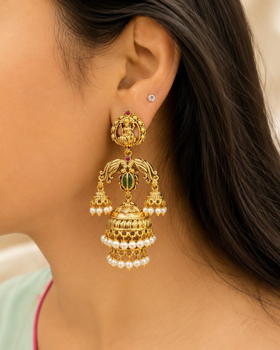 ✨ “Classic Temple Jhumkas for the Modern Queen.”