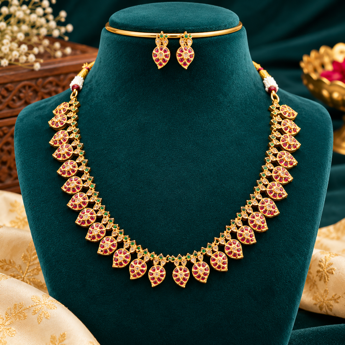 Elegant Ruby Leaf Gold Necklace Set😍🥰