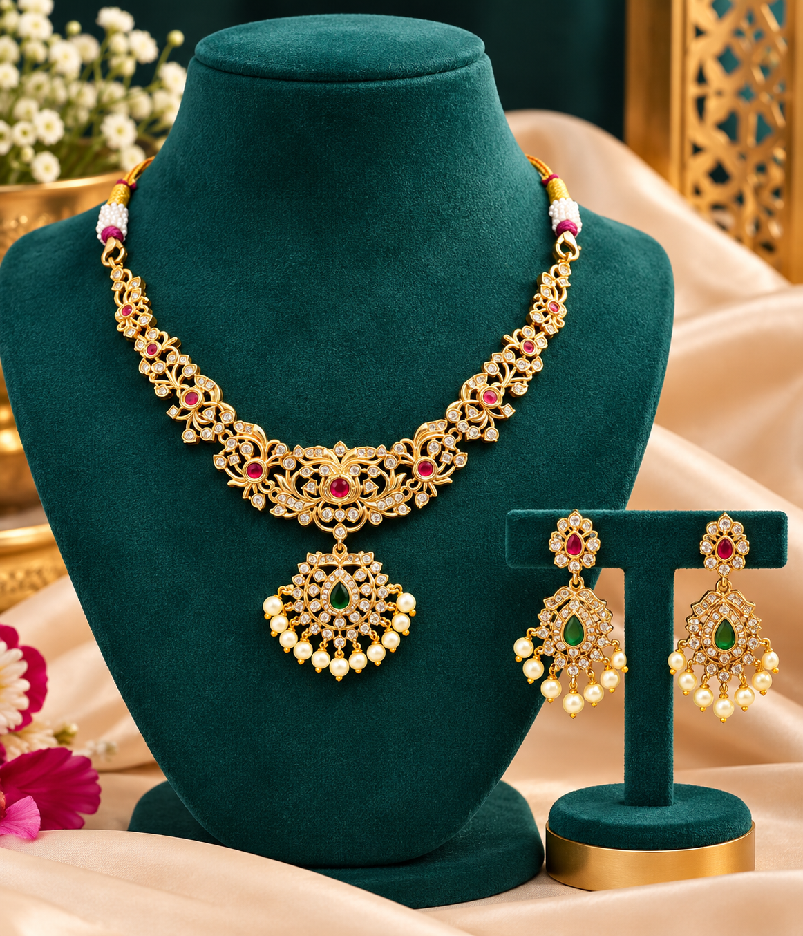Elegant Ruby & Emerald Necklace Set with Pearl Drops🥰😍