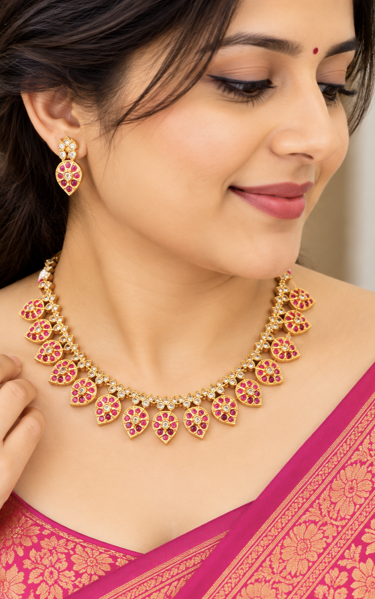 Elegant Ruby Leaf Gold Necklace Set😍🥰
