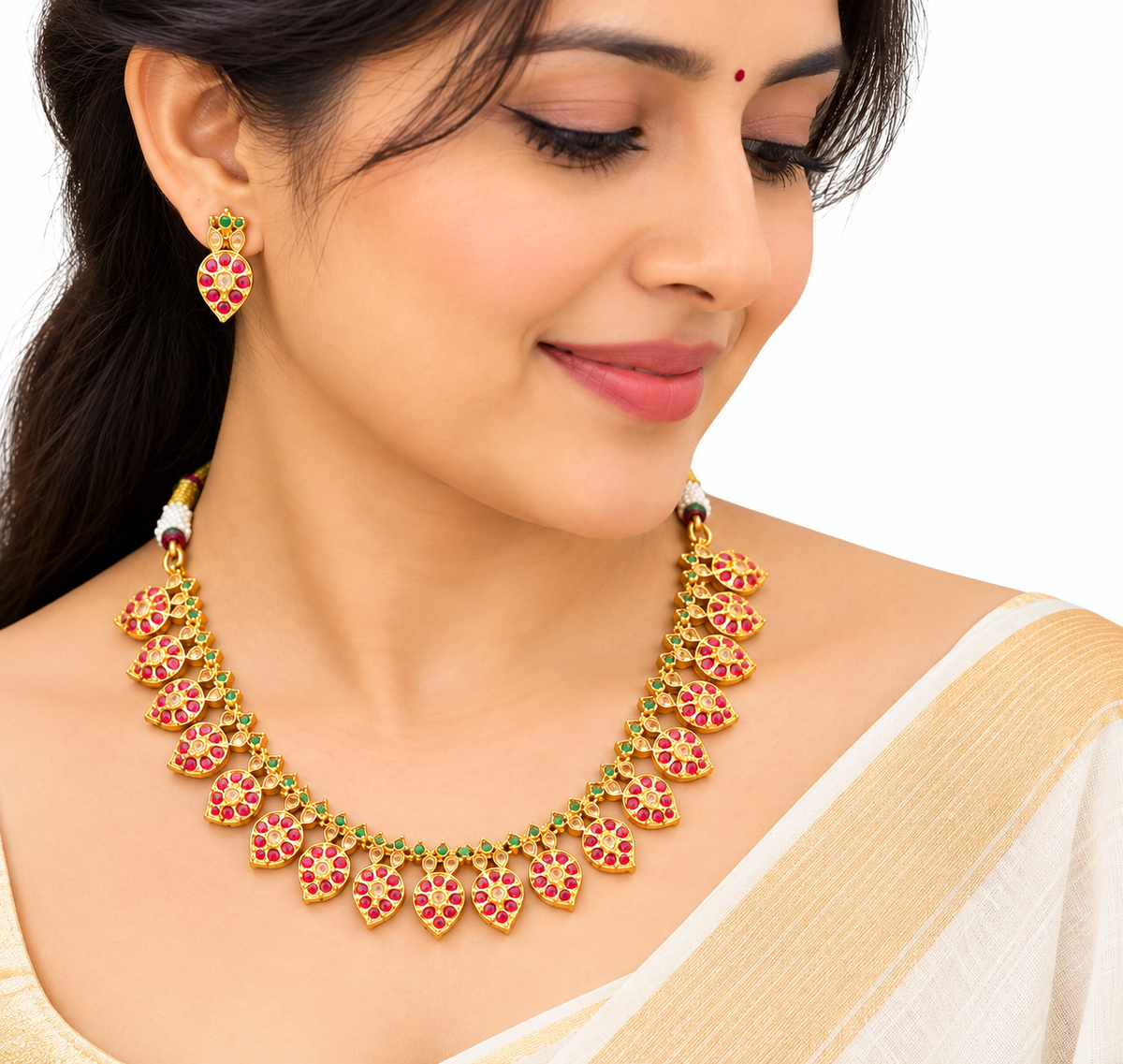 Elegant Ruby Leaf Gold Necklace Set😍🥰