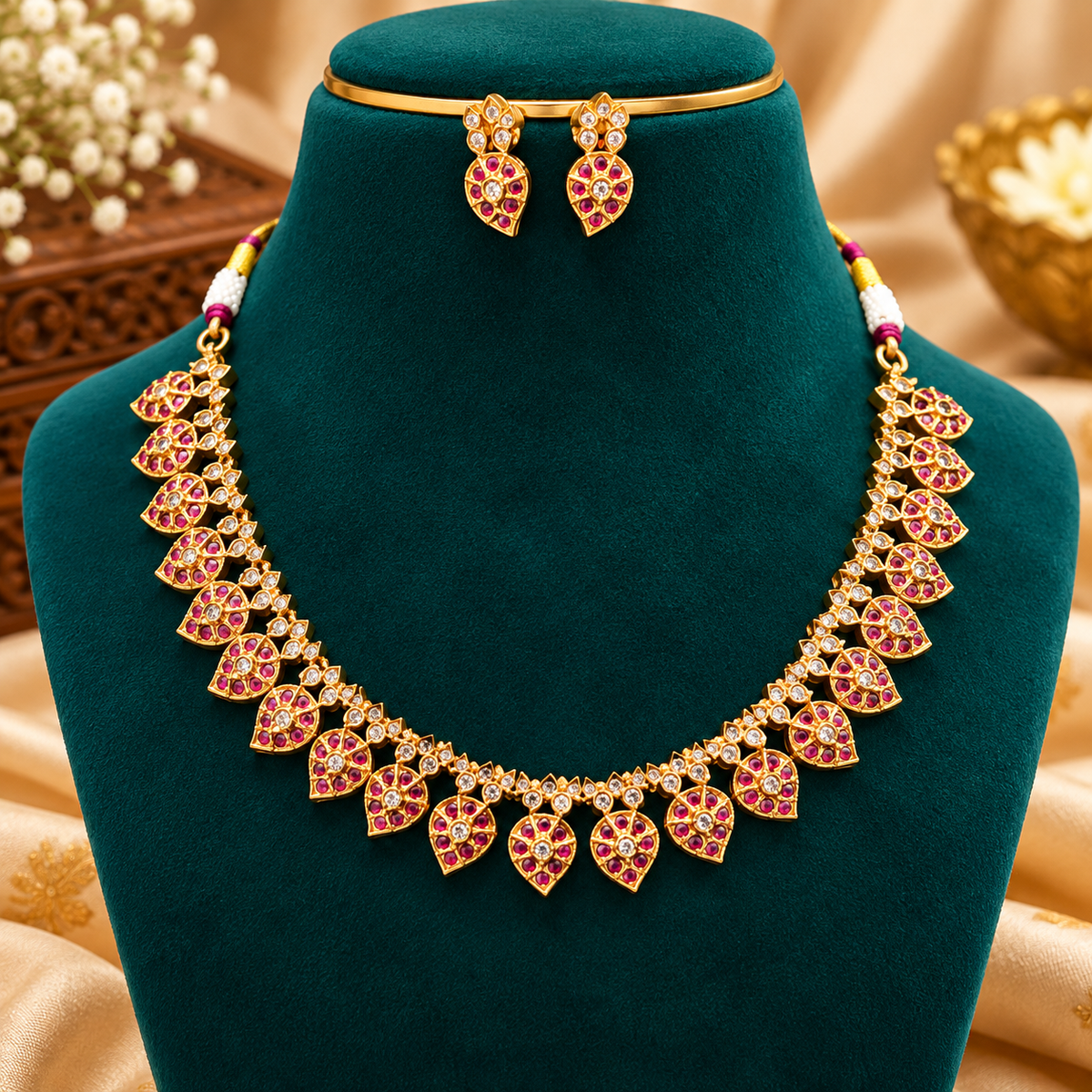 Elegant Ruby Leaf Gold Necklace Set😍🥰